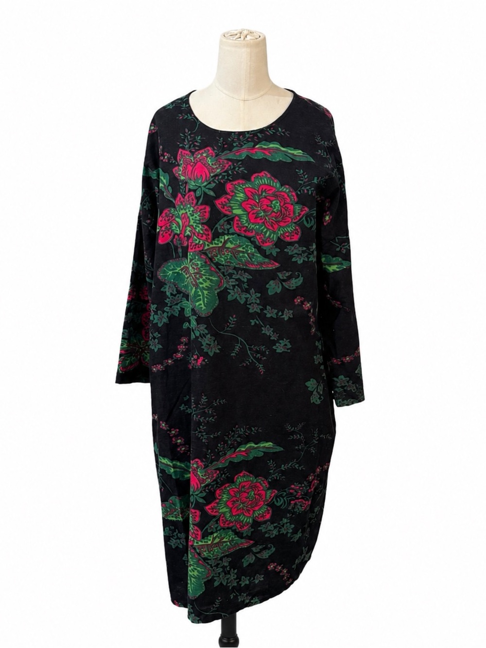 Hongjingling Black Floral Midi Dress XL Boho Relaxed Long Sleeve Shift Dress